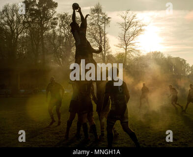 Fog shrouds the pitch at Malleny Park,  Balerno during the BT Premiership game between  Currie and Hawick. Stock Photo