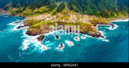 Aerial view - land meets ocean in Seixal, Madeira, Portugal Stock Photo