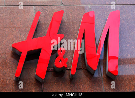 Stockholm, Sweden - May 18, 2017: The Swedish multinational clothing-retail company Hennes  and Mauritz H&M logo at shop on Klarabergsgatan in downtow Stock Photo