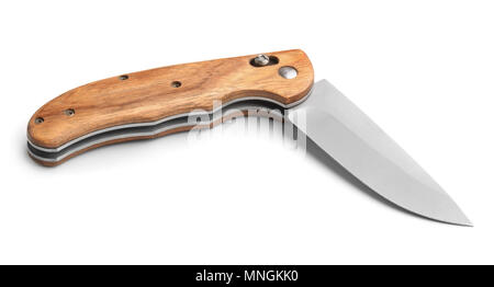 Pocket knife with wooden handle isolated on white Stock Photo