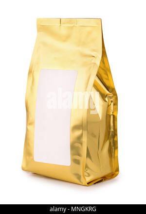 Golden foil food bag with blank label isolated on white Stock Photo