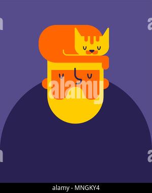 Cat sleeps on head hipster. Guy with beard and sleeping pet. Vector illustration Stock Vector