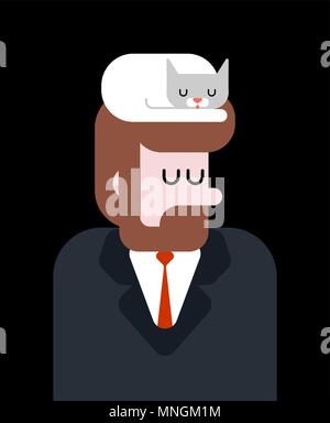 Cat sleeps on head hipster. Guy with beard and sleeping pet. Vector illustration Stock Vector