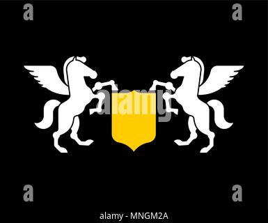 Pegasus and Shield heraldic symbol. Sign Animal for coat of arms. Royal Horse Vector illustration Stock Vector