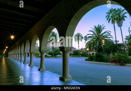 Architectural structures at Stanford University, Palo Alto, California, United States, at night fall. Stock Photo