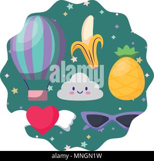circular frame with kawaii clouds and fruits pattern over white background, vector illustration Stock Vector