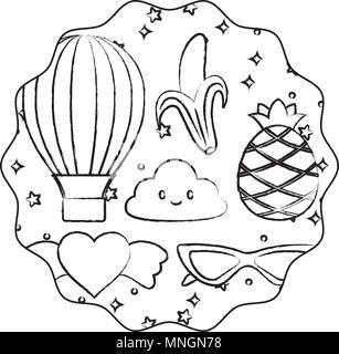 circular frame with kawaii clouds and fruits pattern over white background, vector illustration Stock Vector