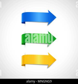 Set of colored decorative arrows. Yellow, green and blue banners, labels, vector illustration Stock Vector