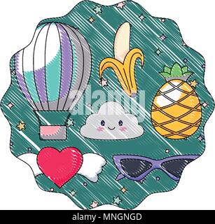 circular frame with kawaii clouds and fruits pattern over white background, vector illustration Stock Vector