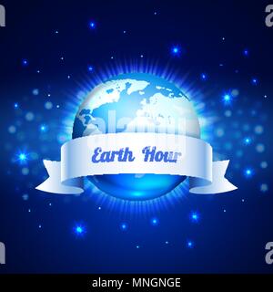 Planet globe with white ribbon on the blue space background. Earth Hour concept, vector illustration Stock Vector