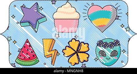 banner with cupcakes and watermelon pattern over white background, vector illustration Stock Vector