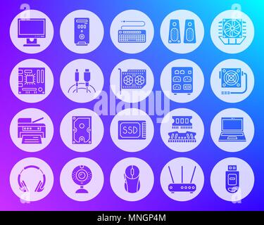 Computer icons set. Web sign kit of electronics. Gadget pictogram collection includes pc, motherboard, keyboard. Simple computer vector symbol. Icon Stock Vector