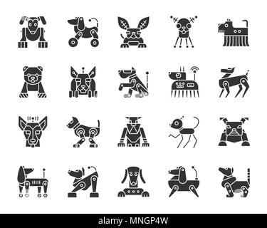 Robot Dog silhouette icons set. Isolated monochrome web sign kit of pet. Cute Character pictogram collection includes transformer, machine, cyborg. Si Stock Vector