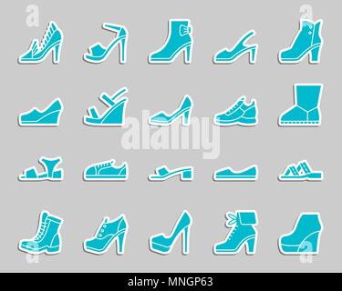 Women Shoes silhouette sticker icons set. Web sign kit of footwear. Fashion pictogram collection includes boot, sandals, mules. Simple shoes vector ic Stock Vector