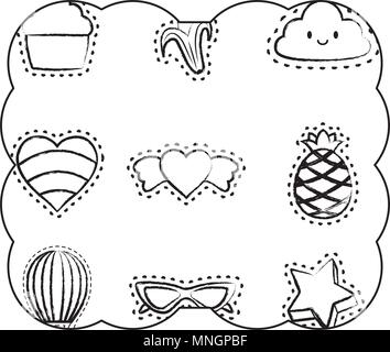 decorative frame with hearts and fruits pattern over white background, vector illustration Stock Vector