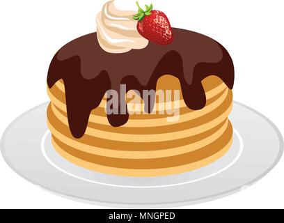 Vector illustration of stack of pancakes with chocolate syrup, cream and berries. Stock Vector