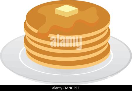Vector illustration of stack of pancakes with maple syrup and piece of butter. Stock Vector