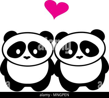 Vector illustration of cute panda bears in love silhouette. Logo design template. Funny lazy Panda animal icon logotype concept. Stock Vector