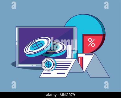 computer and fintech related icons over blue background, colorful design. vector illustration Stock Vector