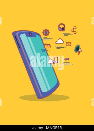 smartphone with social media related icons over yellow background, colorful design. vector illustration Stock Vector