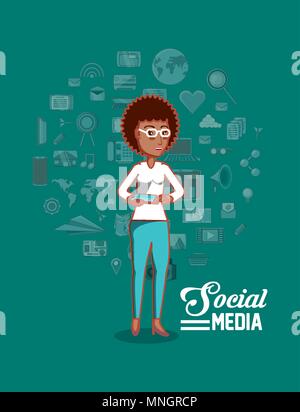 social media design with cartoon woman and  related icons over turquoise background, colorful design. vector illustration Stock Vector