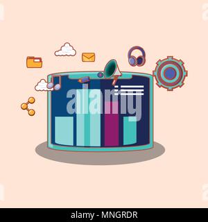 tablet with social media related icons over pink background, colorful design. vector illustration Stock Vector