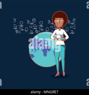 cartoon woman with arth planet and social media related icons over background, colorful design. vector illustration Stock Vector