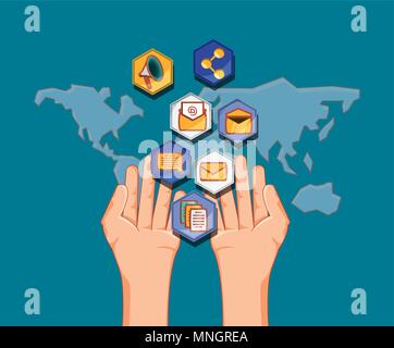 social network related icons over colorful squares and white background ...