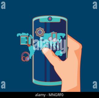 hand holding a smartphone with social media related icons over blue  background, colorful design. vector illustration Stock Vector