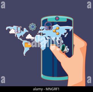hand holding a smartphone with social media related icons over blue  background, colorful design. vector illustration Stock Vector