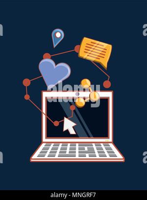 laptop computer with social media related icons over blue background, colorful design. vector illustration Stock Vector