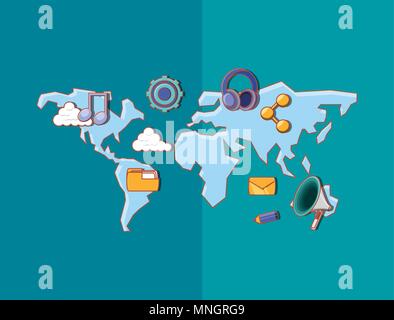 world map with social media related icons over blue background, colorful design. vector illustration Stock Vector