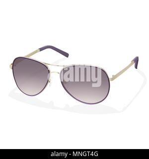 Sunglasses, vector realistic illustration. Colorful stylish fashion spectacles with purple sunscreen lenses and iron golden rim glasses, elegant trendy accessory, isolated on white background Stock Vector