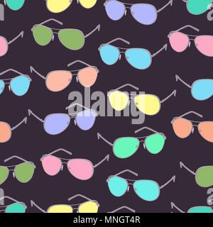 Colorful sunglasses seamless pattern, vector accessory background. Cartoon drawing multicolored bright spectacles on dark purple background, vintage retro illustration. For fabric design, wallpapers Stock Vector