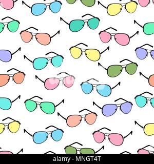 Colorful sunglasses seamless pattern, vector accessory background. Cartoon drawing multicolored bright spectacles on white background, vintage retro illustration. For fabric design, wallpapers, print Stock Vector