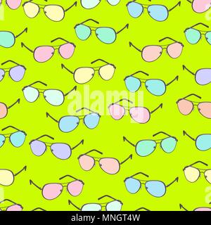 Colorful sunglasses seamless pattern, vector accessory background. Cartoon drawing multicolored pastel spectacles on bright green background, vintage retro illustration. For fabric design, wallpapers Stock Vector
