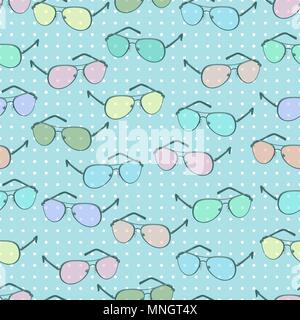 Colorful sunglasses seamless pattern, vector accessory background. Cartoon drawing multicolored pastel spectacles on blue background with polka dots, vintage retro illustration. For fabric design Stock Vector