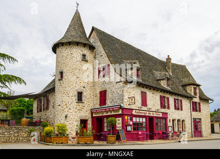 Auberge in medieval village Marcoles, Cantal department in south-central France. Stock Photo