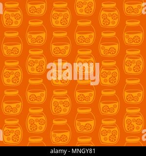 Funny seamless pattern with a colorful citrus jam jars. Plain shadeless background with oranges for decoration or background. Stock Vector