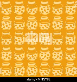 Bright seamless pattern with the apricot jam jars. Plain shadeless background with apricots for decoration or background. Stock Vector