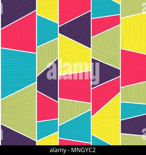 Mosaic pattern with lines and hand drawn elements. Stylized texture with colorful trapeziums. Bright puzzle background for decoration or backdrop. Stock Vector