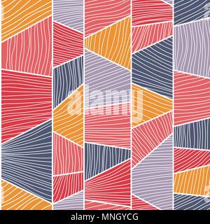 Mosaic pattern with lines and hand drawn elements. Stylized texture with colorful trapeziums. Bright puzzle background for decoration or backdrop. Stock Vector