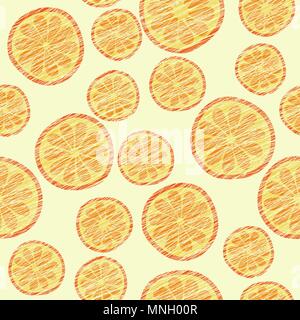Seamless pattern with scratched oranges. Endless texture, harvest fruit background. Dessert vector backdrop. Cut tangerines and oranges. Vector. Patte Stock Vector