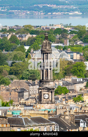 View of Saint Stephen's Church in Stockbridge  over rooftops of the New Town in Edinburgh, Scotland, United Kingdom, UK Stock Photo
