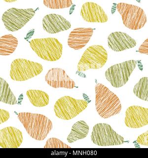 Colorful pear pattern. Summer harvest background. Seamless image with scratched pears. Endless fruit texture. Repeating harvest backdrop. Dessert vect Stock Vector