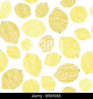 Yellow lemon vector pattern. Summer harvest background. Seamless illustration with scratched lemons. Endless fruit texture. Repeating citrus backgroun Stock Vector