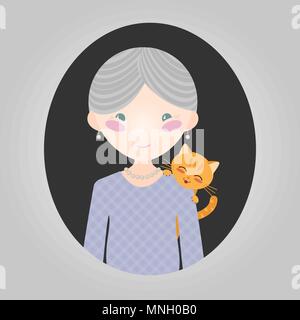 Happy old lady with her kitten. Cat lover character. Grey-haired grandmother with a pet cat. Vector illustration of old woman person for web site or a Stock Vector