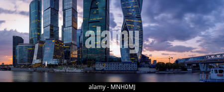 RUSSIA, MOSCOW - May 12, 2018: Moscow City is still partly under construction. Sunset panoramic view Stock Photo
