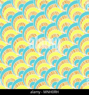 Scratched fan background. Based on Traditional Japanese Embroidery. Abstract Seamless pattern. Based on Sashiko stitching. Yellow blue and orange back Stock Vector
