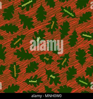 Autumn soon. Fall background with scratched oak leaves. Contrast seamless pattern with scraped leaves. Plain endless background for decoration or wall Stock Vector